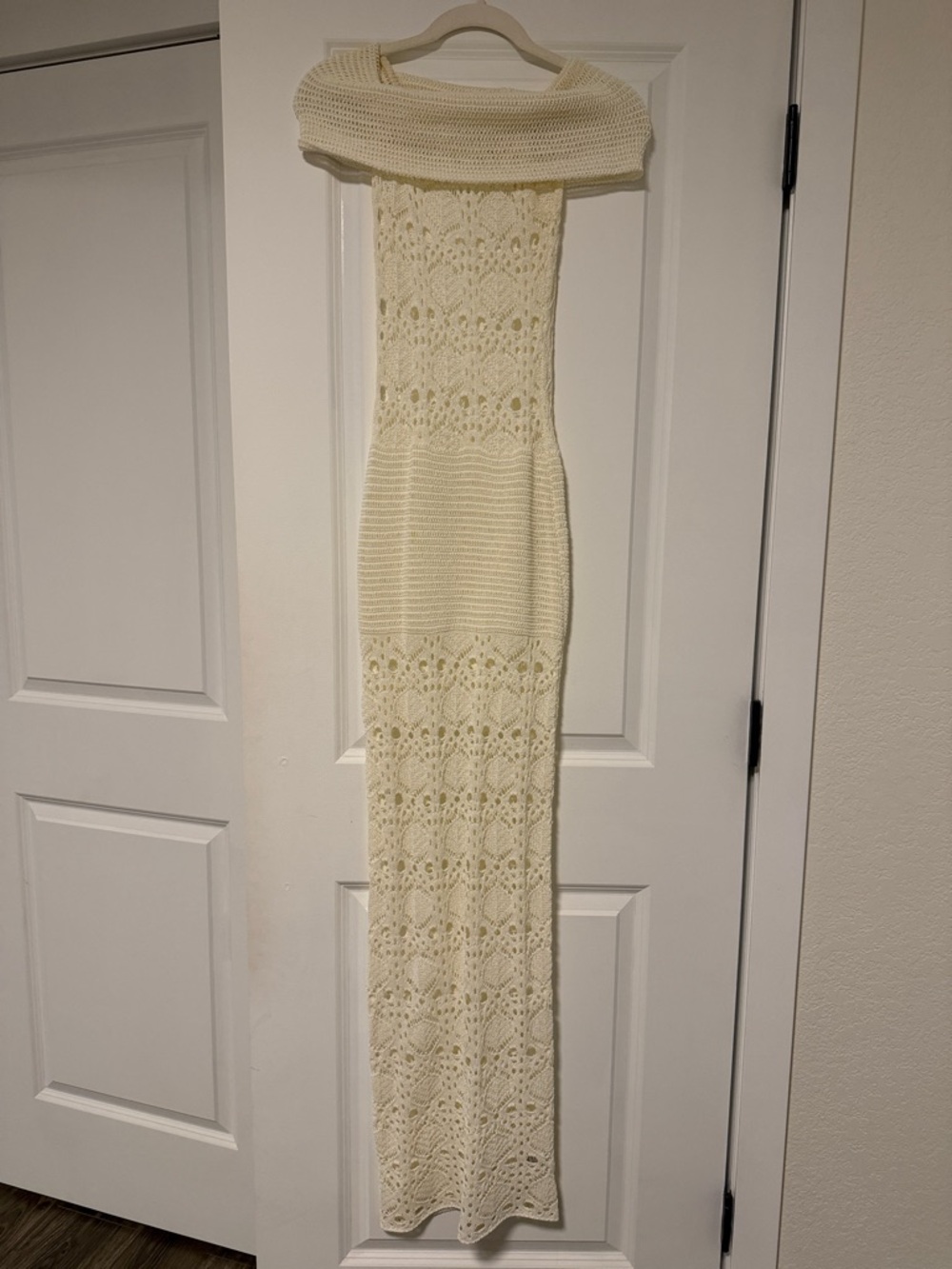 Cream Crochet Maxi Dress - Off-Shoulder Knit